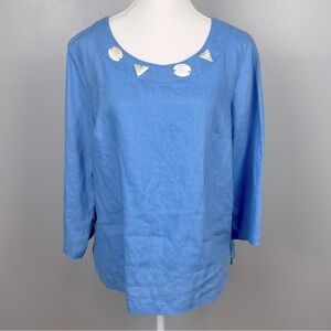 Choices Weekend 100% linen blue 3/4 sleeve boxy embellished top, size medium.